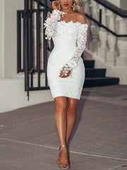 Off shoulder women white long sleeve lace bodycon dresses