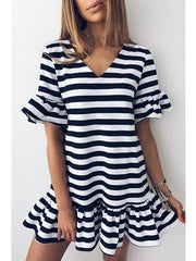 Casual v-neck short dress flounce sleeve stripe shift dresses
