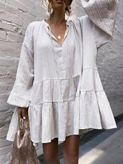 Women Casual Fashion Loose V neck Tie Long Sleeve Shift Dresses