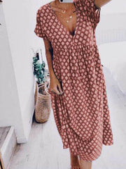 Casual v neck short sleeve printed shift dresses