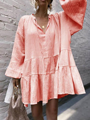 Women Casual Fashion Loose V neck Tie Long Sleeve Shift Dresses