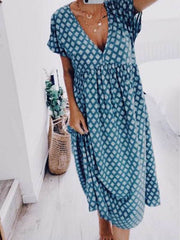 Casual v neck short sleeve printed shift dresses