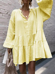 Women Casual Fashion Loose V neck Tie Long Sleeve Shift Dresses