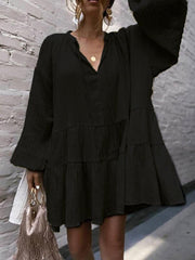 Women Casual Fashion Loose V neck Tie Long Sleeve Shift Dresses
