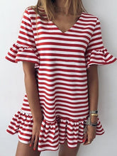 Casual v-neck short dress flounce sleeve stripe shift dresses