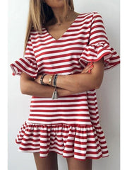 Casual v-neck short dress flounce sleeve stripe shift dresses