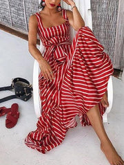 Sleeveless Striped Skater Long Vacation Dresses