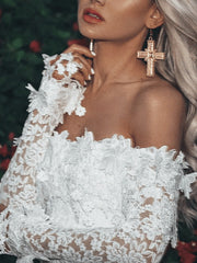 Off shoulder women white long sleeve lace bodycon dresses
