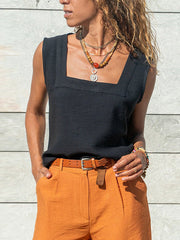 Pure Color Casual Loose Sleeveless Square Neck Top Vests