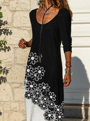 Fashion printed black and white flower dress long sleeve round neck long dress maxi dresses