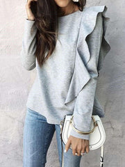 Pure Round neck Long sleeve Falbala T-Shirts