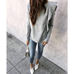 Pure Round neck Long sleeve Falbala T-Shirts