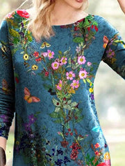 Elegant long-sleeved print round neck women skater dresses