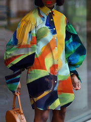 Women stand up collar long sleeve abstract printed lantern sleeve shirt coats