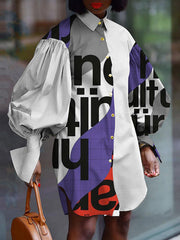 Women stand up collar long sleeve abstract printed lantern sleeve shirt coats