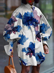 Women stand up collar long sleeve abstract printed lantern sleeve shirt coats