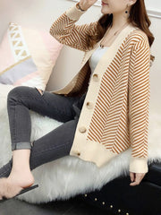Casual Buttoned Knitted Shift Stripes Sweater Coat