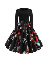 Christmas Long Sleeve Round Neck Bowknot Skater Dresses