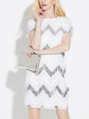 Black and White Round Neck A Line Short Sleeve Sequins Evening Dress