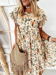 Round Neck Floral Printed Lotus sleeve Loose Shift Dresses