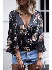 Deep V Neck Floral Printed Bell Sleeve Blouses