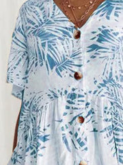 Cotton-Blend V Neck Short Sleeve Printed Dresses