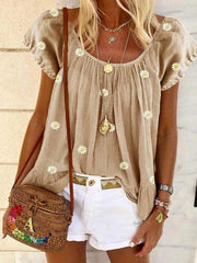 Yellow Crew Neck Short Sleeve Boho Printed Shirts & Tops