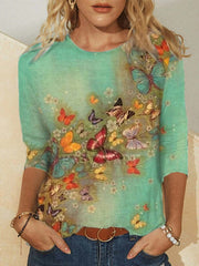Crew Neck Long Sleeve Butterfly Print Shirts & Tops