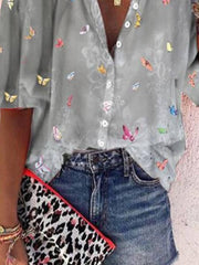 Shirt Collar Floral 3/4 Sleeve Blouse