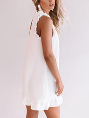 Elegant flounce edge white sleeveless casual shift dresses