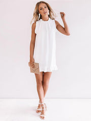 Elegant flounce edge white sleeveless casual shift dresses