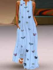 Butterfly Printed Plain v-neck Bohemian sleeveless Maxi dresses