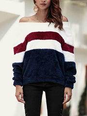 Word Collar Off Shoulder Color Block Striped Long Sleeve Sweatshirts