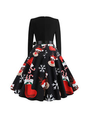Christmas Long Sleeve Round Neck Bowknot Skater Dresses
