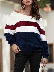 Word Collar Off Shoulder Color Block Striped Long Sleeve Sweatshirts