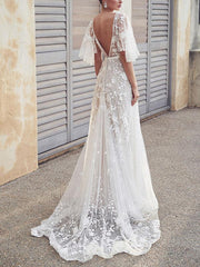 Sexy Elegant V Neck Lace Backless Woman Evening Dresses