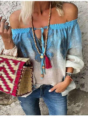 Off Shoulder Gradient bandage Long Sleeve Blouses