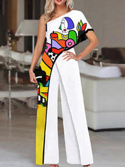 Women one off shoulder printed jumpsuits