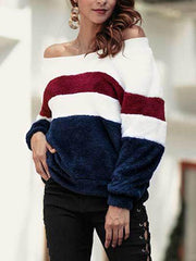 Word Collar Off Shoulder Color Block Striped Long Sleeve Sweatshirts