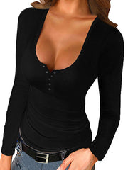 Women U neck sexy buttoned plain long sleeve T-shirts Basic tops