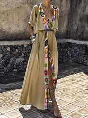 Sexy V Collar Hooks Splice Printed Open Maxi Dresses