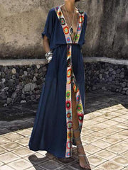Sexy V Collar Hooks Splice Printed Open Maxi Dresses