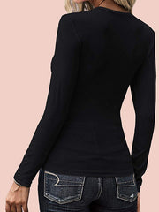 Women U neck sexy buttoned plain long sleeve T-shirts Basic tops