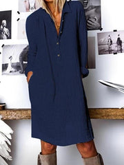Plain V neck women long sleeve cotton blend Shift dresses