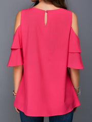 Round collar off shoulder flared sleeves loose chiffon T-shirts