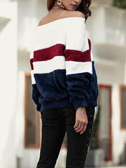 Word Collar Off Shoulder Color Block Striped Long Sleeve Sweatshirts