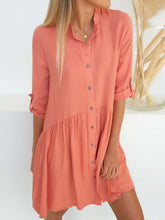 Women Plain Button Turn down collar shift dresses
