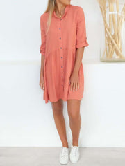 Women Plain Button Turn down collar shift dresses