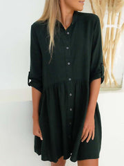 Women Plain Button Turn down collar shift dresses