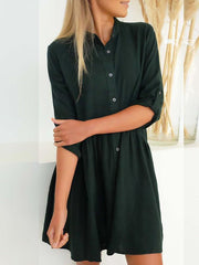 Women Plain Button Turn down collar shift dresses